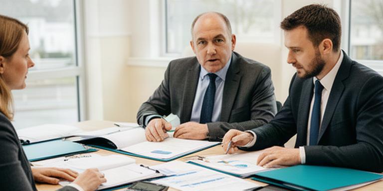Business owners and their adviser reviewing company accounts around a meeting table in Limavady